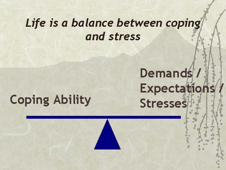 Life is a balance between coping and stress Coping Ability Demands / Expectations /