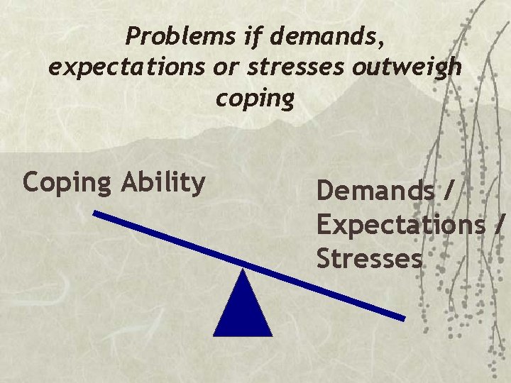 Problems if demands, expectations or stresses outweigh coping Coping Ability Demands / Expectations /