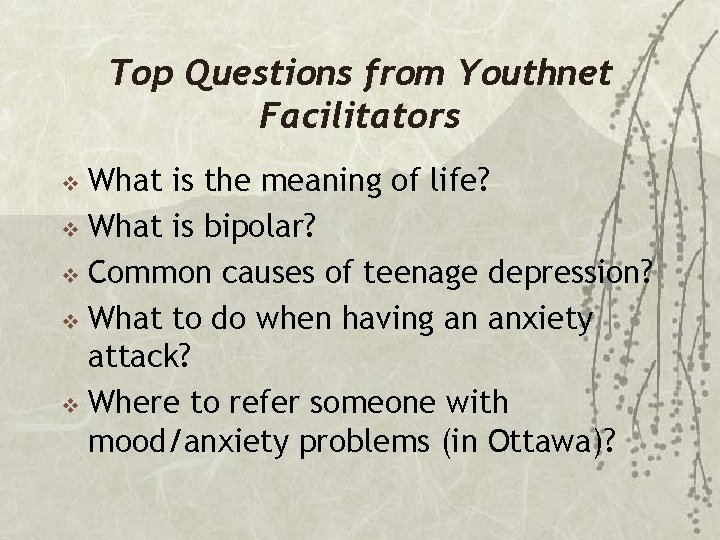 Top Questions from Youthnet Facilitators What is the meaning of life? v What is