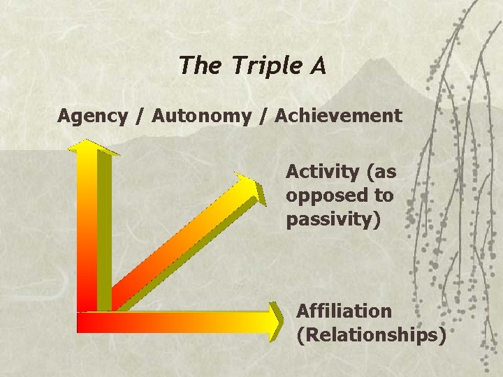 The Triple A Agency / Autonomy / Achievement Activity (as opposed to passivity) Affiliation