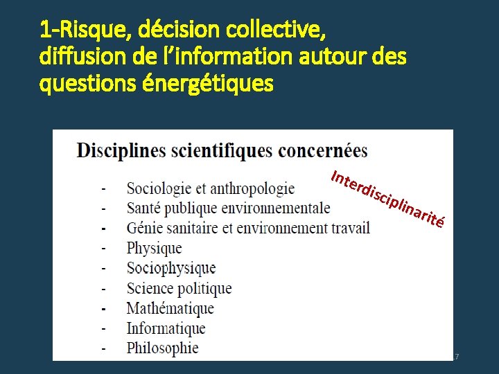 1 -Risque, décision collective, diffusion de l’information autour des questions énergétiques Inte rdis cipl