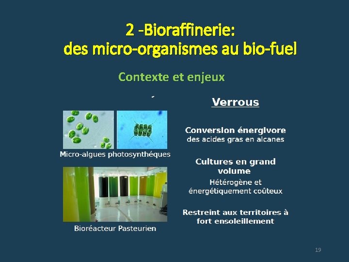 2 -Bioraffinerie: des micro-organismes au bio-fuel Contexte et enjeux 19 