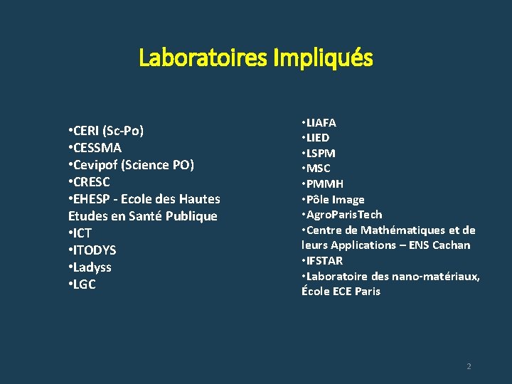 Laboratoires Impliqués • CERI (Sc-Po) • CESSMA • Cevipof (Science PO) • CRESC •