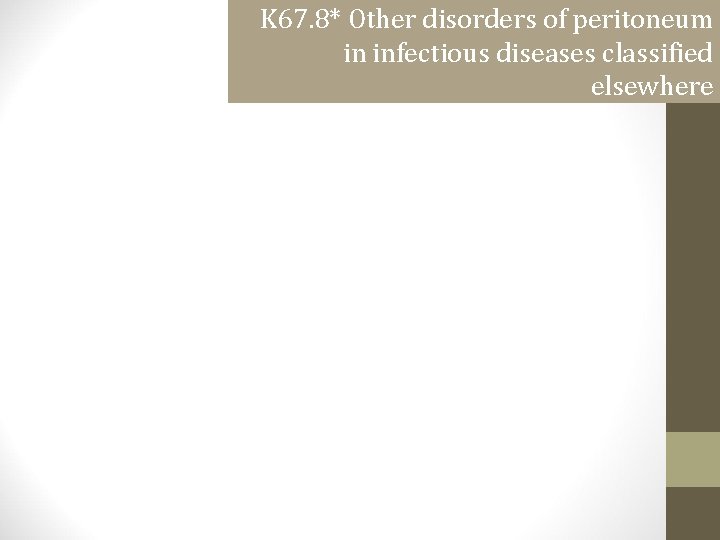 K 67. 8* Other disorders of peritoneum in infectious diseases classified elsewhere 