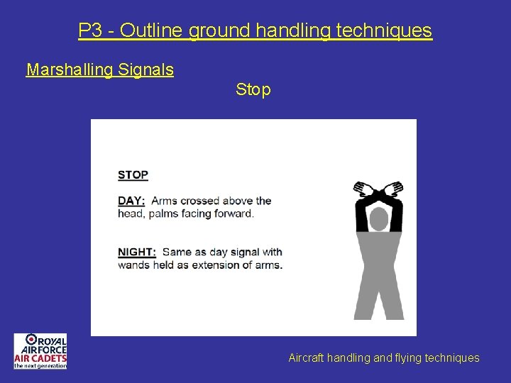 P 3 - Outline ground handling techniques Marshalling Signals Stop Aircraft handling and flying
