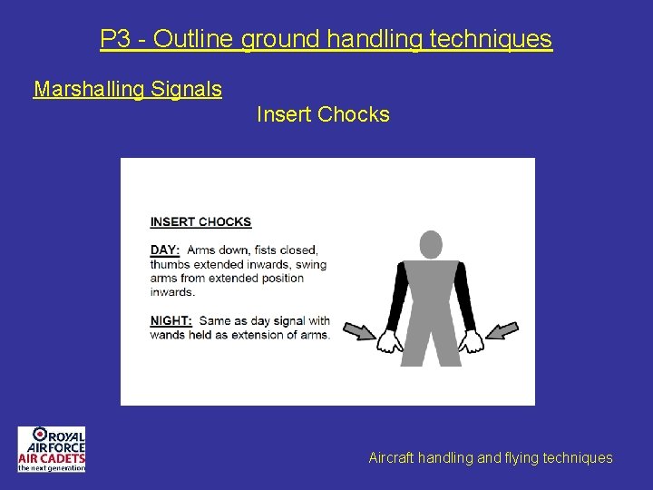 P 3 - Outline ground handling techniques Marshalling Signals Insert Chocks Aircraft handling and