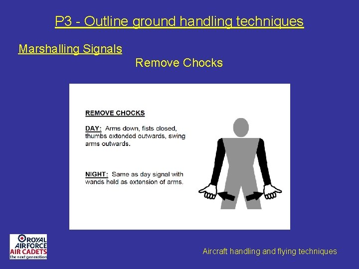 P 3 - Outline ground handling techniques Marshalling Signals Remove Chocks Aircraft handling and