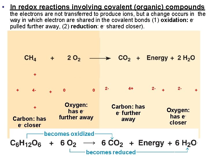  • In redox reactions involving covalent (organic) compounds the electrons are not transferred