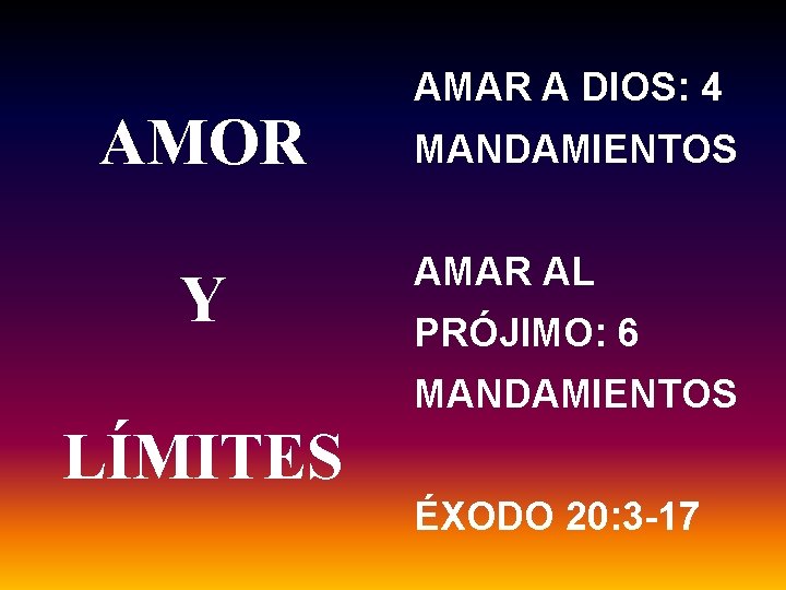 AMOR Y AMAR A DIOS: 4 MANDAMIENTOS AMAR AL PRÓJIMO: 6 MANDAMIENTOS LÍMITES ÉXODO