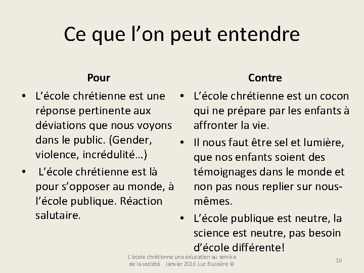 Ce que l’on peut entendre Pour Contre • L’école chrétienne est une • réponse