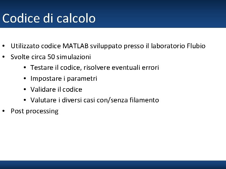 Codice di calcolo • Utilizzato codice MATLAB sviluppato presso il laboratorio Flubio • Svolte