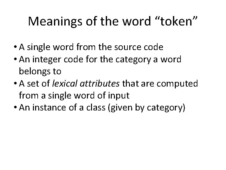 Meanings of the word “token” • A single word from the source code •