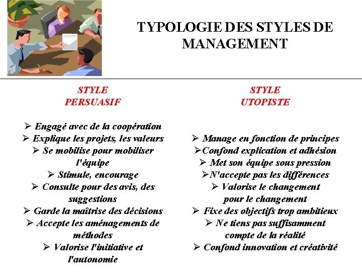 TYPOLOGIE DES STYLES DE MANAGEMENT STYLE PERSUASIF STYLE UTOPISTE Ø Engagé avec de la