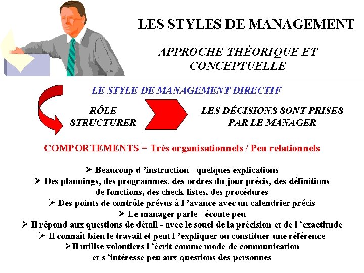 LES STYLES DE MANAGEMENT APPROCHE THÉORIQUE ET CONCEPTUELLE LE STYLE DE MANAGEMENT DIRECTIF RÔLE