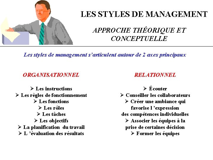 LES STYLES DE MANAGEMENT APPROCHE THÉORIQUE ET CONCEPTUELLE Les styles de management s’articulent autour