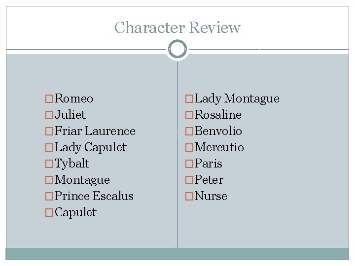 Character Review �Romeo �Lady Montague �Juliet �Rosaline �Friar Laurence �Benvolio �Lady Capulet �Mercutio �Tybalt