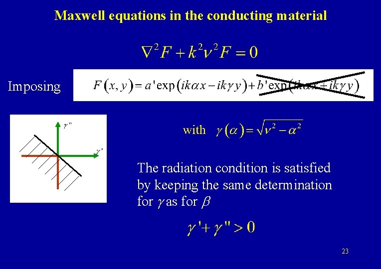 Maxwell equations in the conducting material Imposing The radiation condition is satisfied by keeping