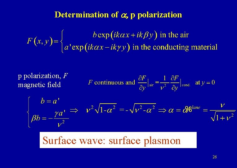 Determination of a, p polarization, F magnetic field Surface wave: surface plasmon 26 