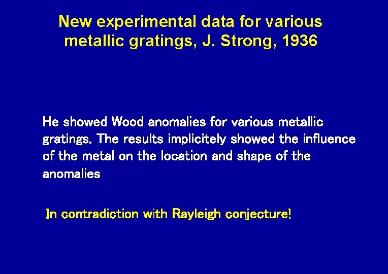 New experimental data for various metallic gratings, J. Strong, 1936 He showed Wood anomalies