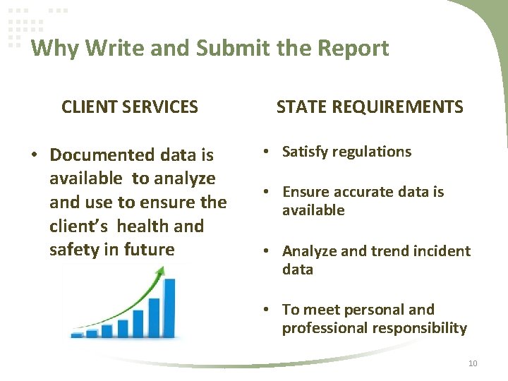 Why Write and Submit the Report CLIENT SERVICES • Documented data is available to