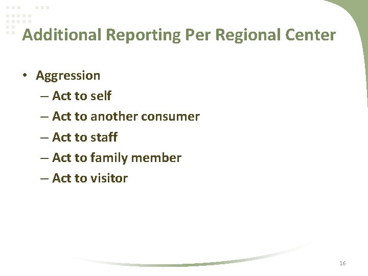 Additional Reporting Per Regional Center • Aggression – Act to self – Act to