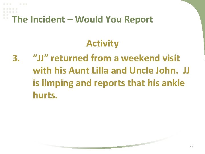 The Incident – Would You Report 3. Activity “JJ” returned from a weekend visit