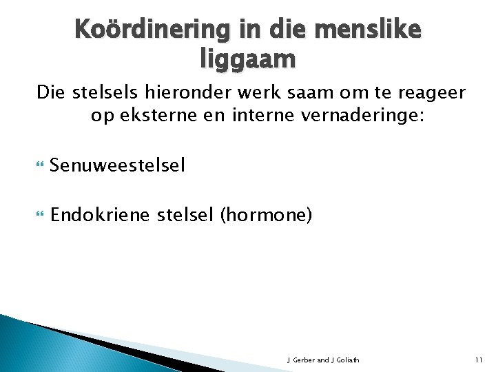 Koördinering in die menslike liggaam Die stelsels hieronder werk saam om te reageer op