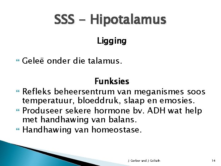 SSS - Hipotalamus Ligging Geleë onder die talamus. Funksies Refleks beheersentrum van meganismes soos
