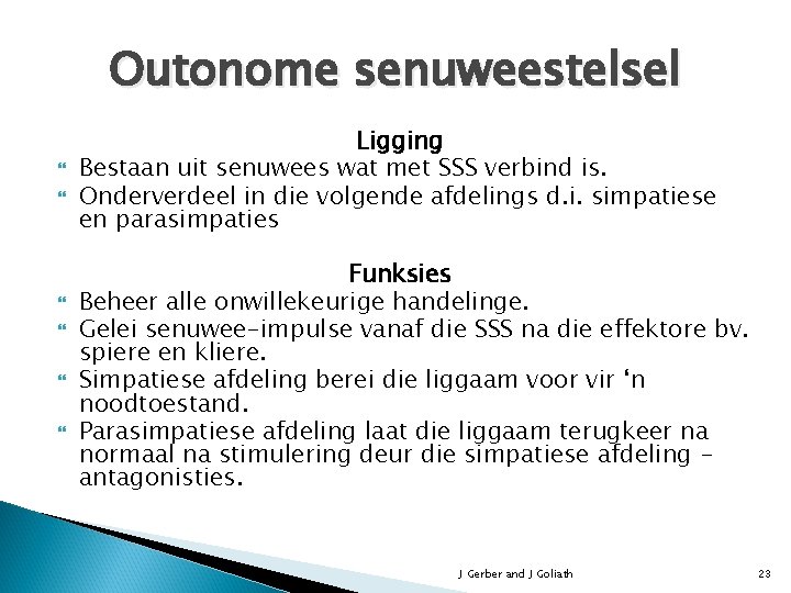 Outonome senuweestelsel Ligging Bestaan uit senuwees wat met SSS verbind is. Onderverdeel in die