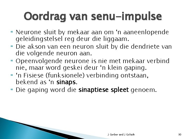 Oordrag van senu-impulse Neurone sluit by mekaar aan om ‘n aaneenlopende geleidingstelsel reg deur