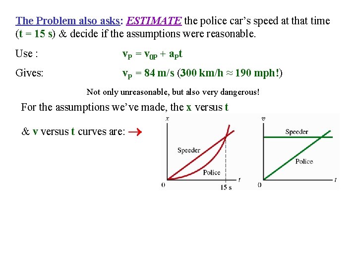 The Problem also asks: ESTIMATE the police car’s speed at that time (t =