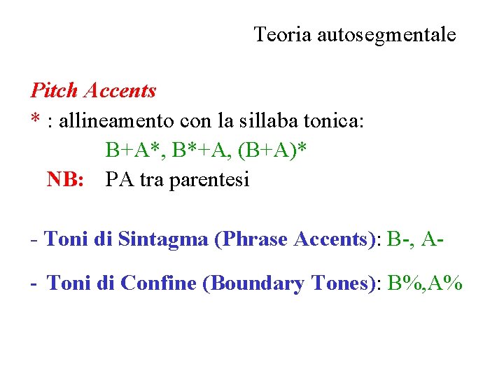 Teoria autosegmentale Pitch Accents * : allineamento con la sillaba tonica: B+A*, B*+A, (B+A)*