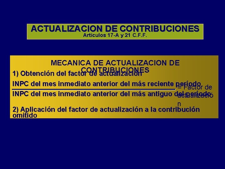 ACTUALIZACION DE CONTRIBUCIONES Artículos 17 -A y 21 C. F. F. MECANICA DE ACTUALIZACION ACTUALIZACION DE CONTRIBUCIONES Artículos 17 -A y 21 C. F. F. MECANICA DE ACTUALIZACION