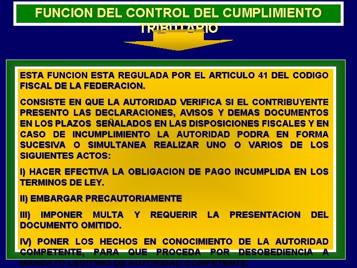 FUNCION DEL CONTROL DEL CUMPLIMIENTO TRIBUTARIO ESTA FUNCION ESTA REGULADA POR EL ARTICULO 41