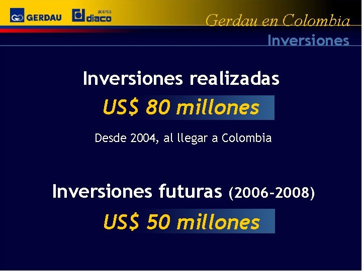 Gerdau en Colombia Inversiones realizadas US$ 80 millones Desde 2004, al llegar a Colombia