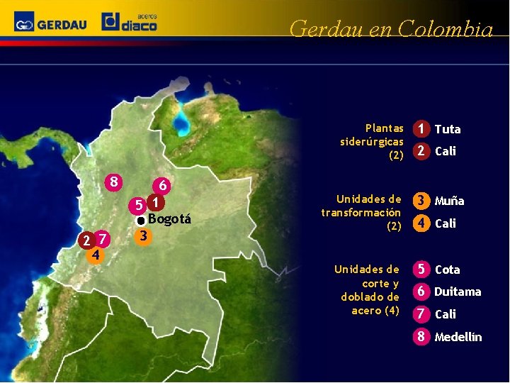 Gerdau en Colombia Plantas siderúrgicas (2) 8 6 5 1 Bogotá 2 7 4