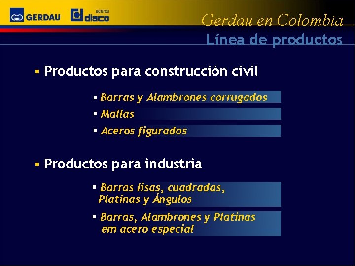 Gerdau en Colombia Línea de productos § Productos para construcción civil § Barras y