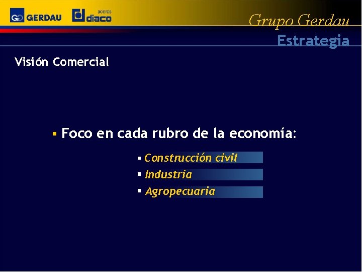 Grupo Gerdau Estrategia Visión Comercial § Foco en cada rubro de la economía: §