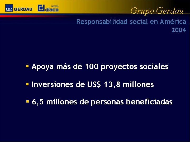 Grupo Gerdau Responsabilidad social en América 2004 § Apoya más de 100 proyectos sociales