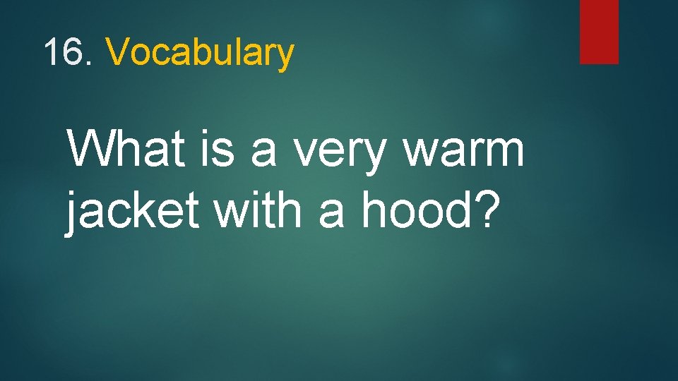 16. Vocabulary What is a very warm jacket with a hood? 