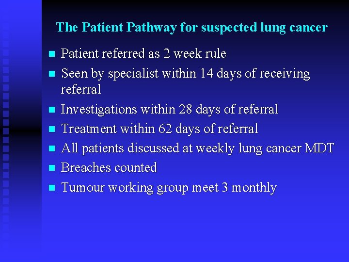 The Patient Pathway for suspected lung cancer n n n n Patient referred as