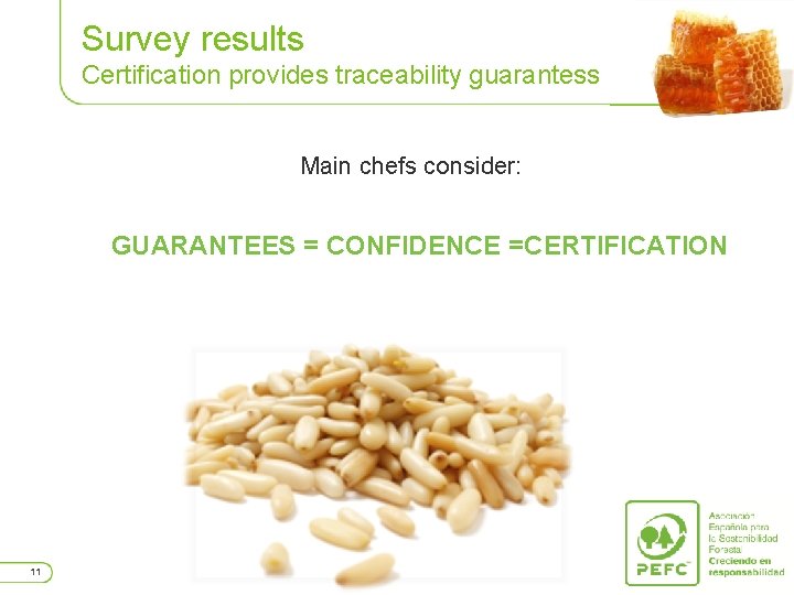 Survey results Certification provides traceability guarantess Main chefs consider: GUARANTEES = CONFIDENCE =CERTIFICATION 11