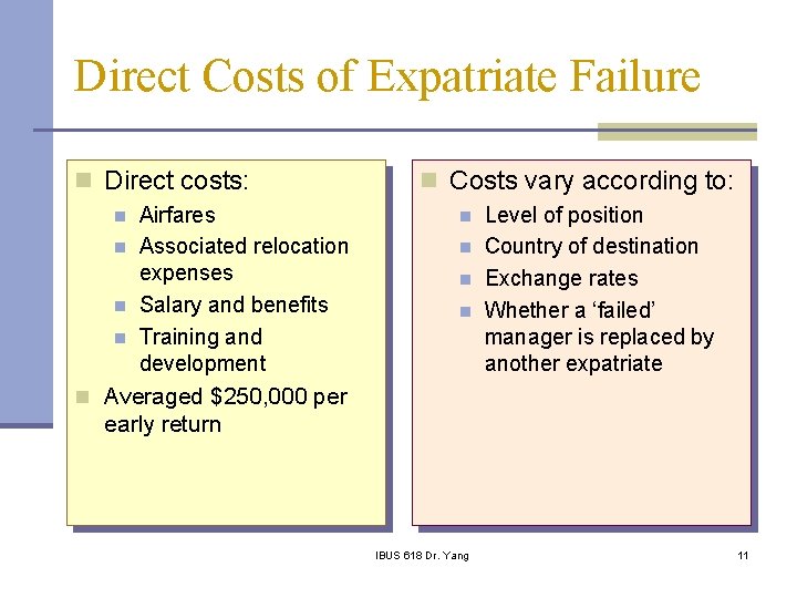 Direct Costs of Expatriate Failure n Direct costs: n n Airfares Associated relocation expenses