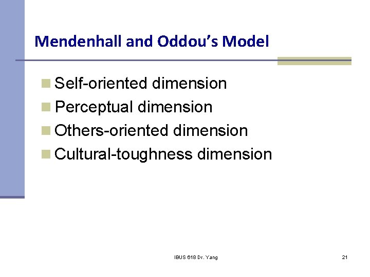 Mendenhall and Oddou’s Model n Self-oriented dimension n Perceptual dimension n Others-oriented dimension n