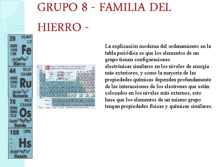 GRUPO 8 - FAMILIA DEL HIERRO La explicación moderna del ordenamiento en la tabla