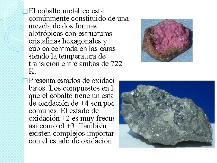 � El cobalto metálico está comúnmente constituido de una mezcla de dos formas alotrópicas