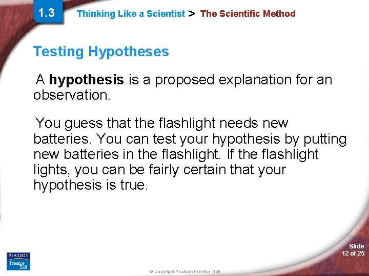 1. 3 Thinking Like a Scientist > The Scientific Method Testing Hypotheses A hypothesis