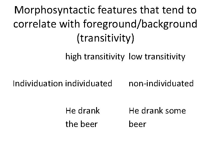 Morphosyntactic features that tend to correlate with foreground/background (transitivity) high transitivity low transitivity Individuation