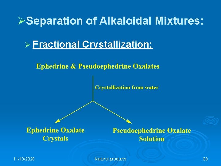 ØSeparation of Alkaloidal Mixtures: Ø Fractional Crystallization: 11/10/2020 Natural products 38 