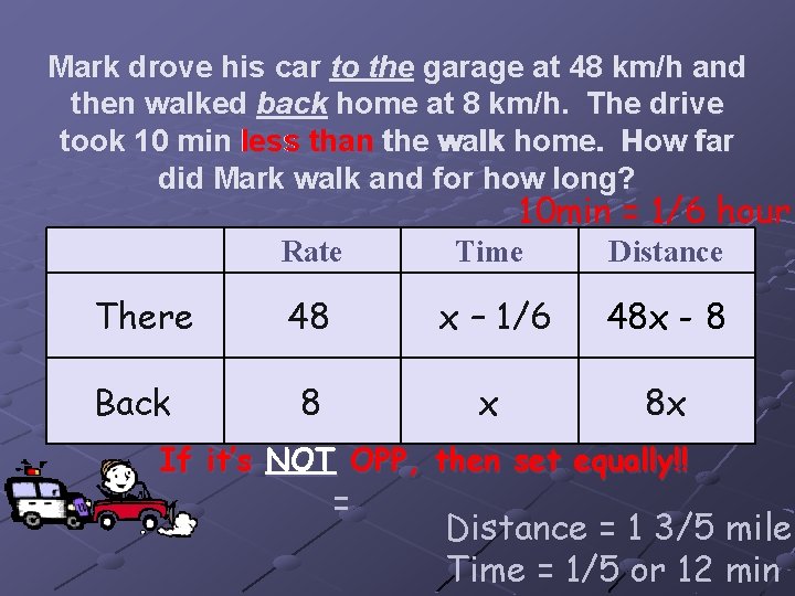 Mark drove his car to the garage at 48 km/h and then walked back